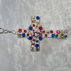 Cross Keychain Bag Charm w/Colorful Gemstones